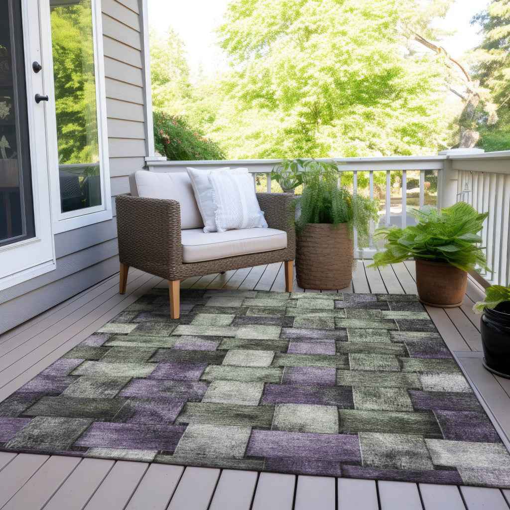 5' X 8' Sage And Purple Striped Washable Indoor Outdoor Area Rug