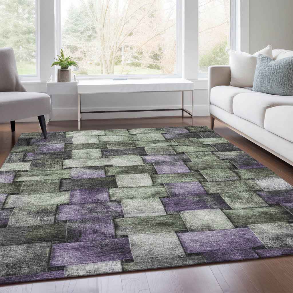 5' X 8' Sage And Purple Striped Washable Indoor Outdoor Area Rug