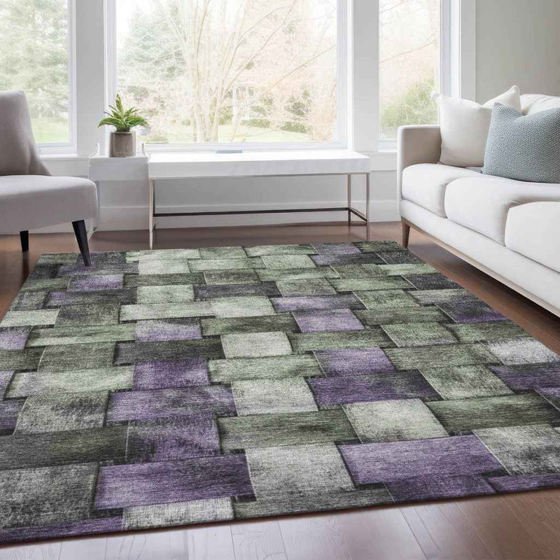5' X 8' Sage And Purple Striped Washable Indoor Outdoor Area Rug