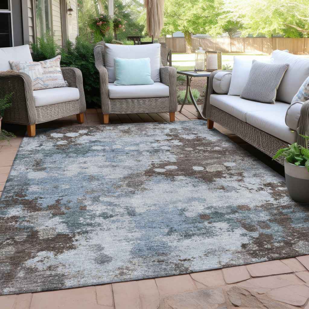 5' X 8' Sky Blue And Brown Abstract Washable Indoor Outdoor Area Rug
