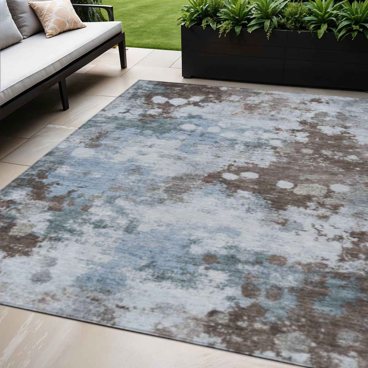 5' X 8' Sky Blue And Brown Abstract Washable Indoor Outdoor Area Rug