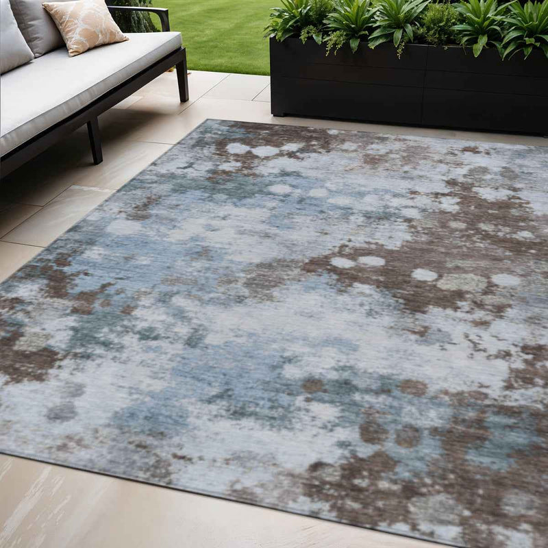 5' X 8' Sky Blue And Brown Abstract Washable Indoor Outdoor Area Rug