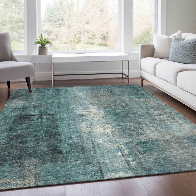 5' X 8' Teal Blue And Ivory Abstract Washable Indoor Outdoor Area Rug
