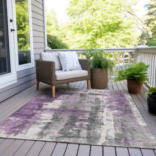 3' X 5' Purple And Ivory Abstract Washable Indoor Outdoor Area Rug