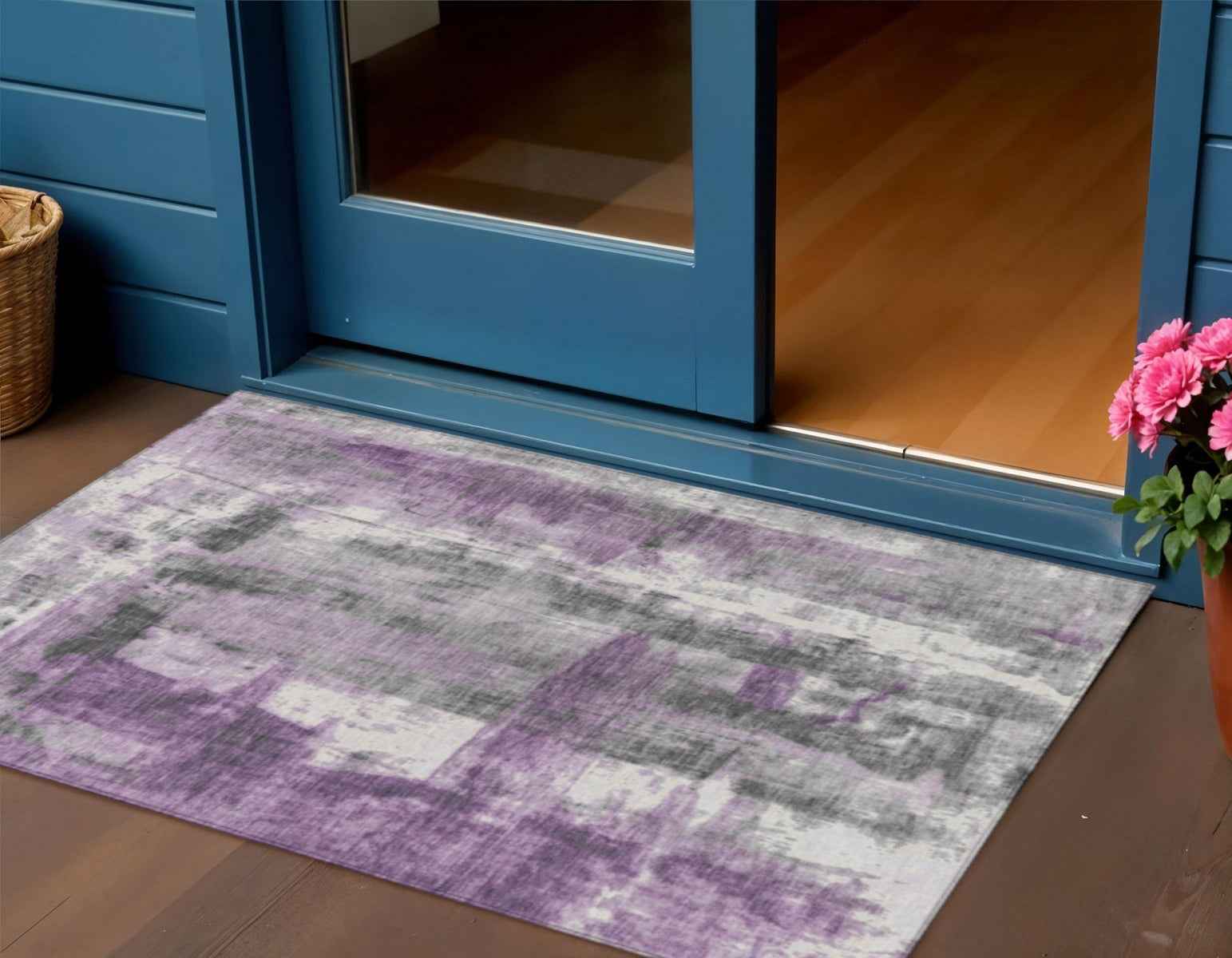 3' X 5' Purple And Ivory Abstract Washable Indoor Outdoor Area Rug
