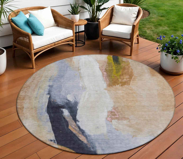 8' Beige And Navy Blue Round Abstract Washable Indoor Outdoor Area Rug