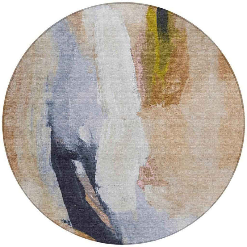 8' Beige And Navy Blue Round Abstract Washable Indoor Outdoor Area Rug