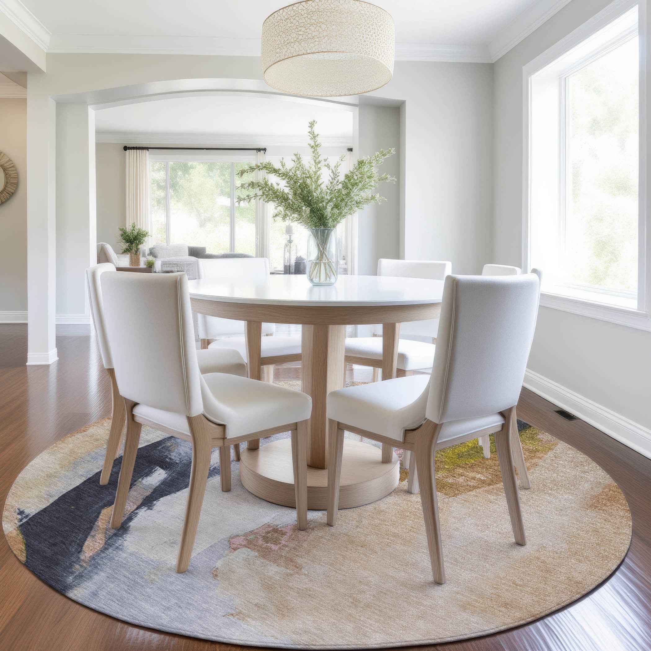 8' Beige And Navy Blue Round Abstract Washable Indoor Outdoor Area Rug