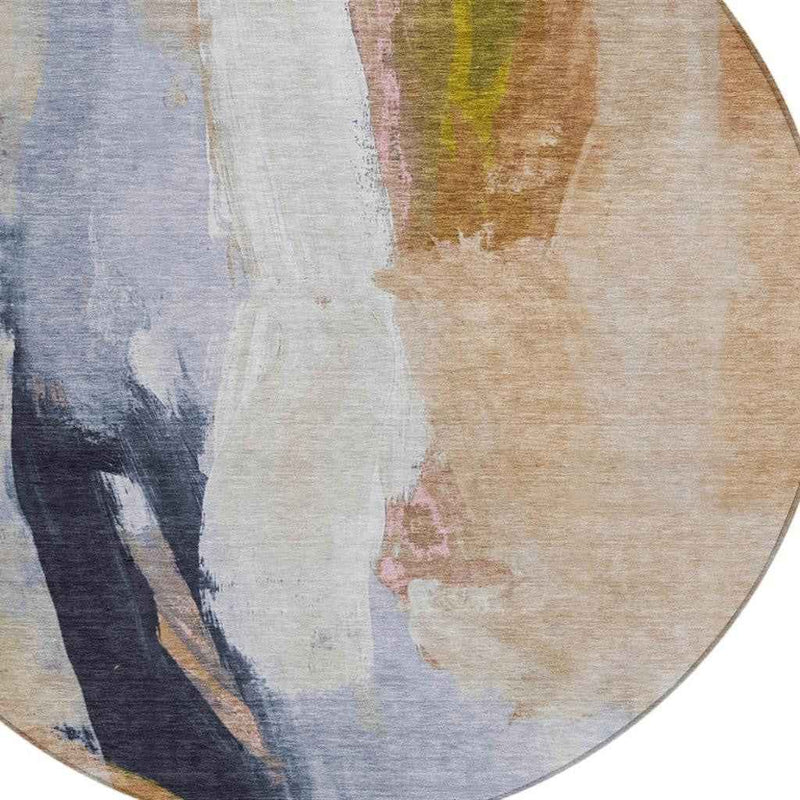 8' Beige And Navy Blue Round Abstract Washable Indoor Outdoor Area Rug