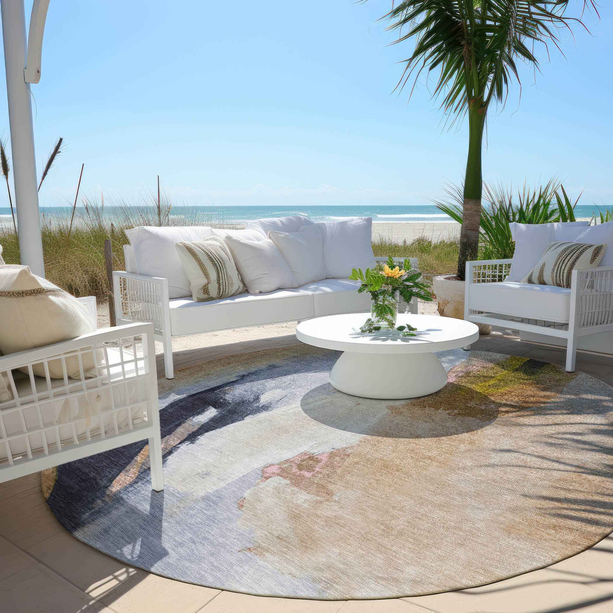 8' Beige And Navy Blue Round Abstract Washable Indoor Outdoor Area Rug