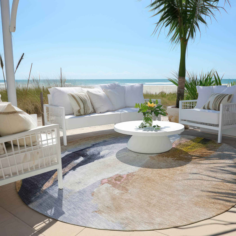 8' Beige And Navy Blue Round Abstract Washable Indoor Outdoor Area Rug