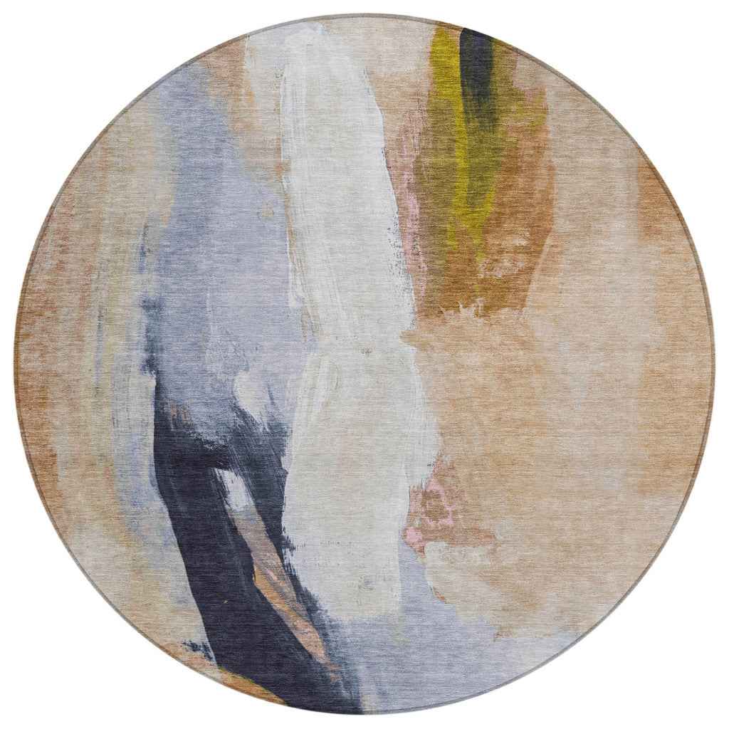 8' Beige And Navy Blue Round Abstract Washable Indoor Outdoor Area Rug