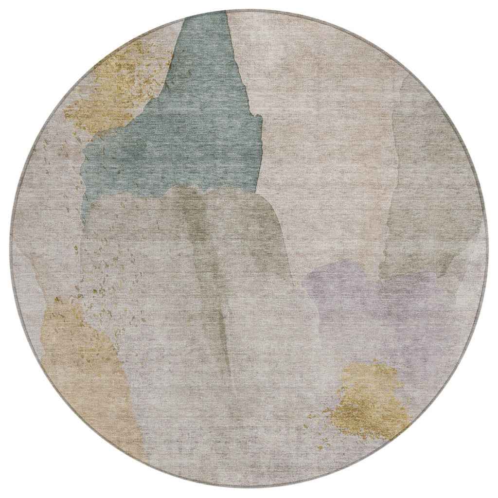 8' Beige And Taupe Round Abstract Washable Indoor Outdoor Area Rug