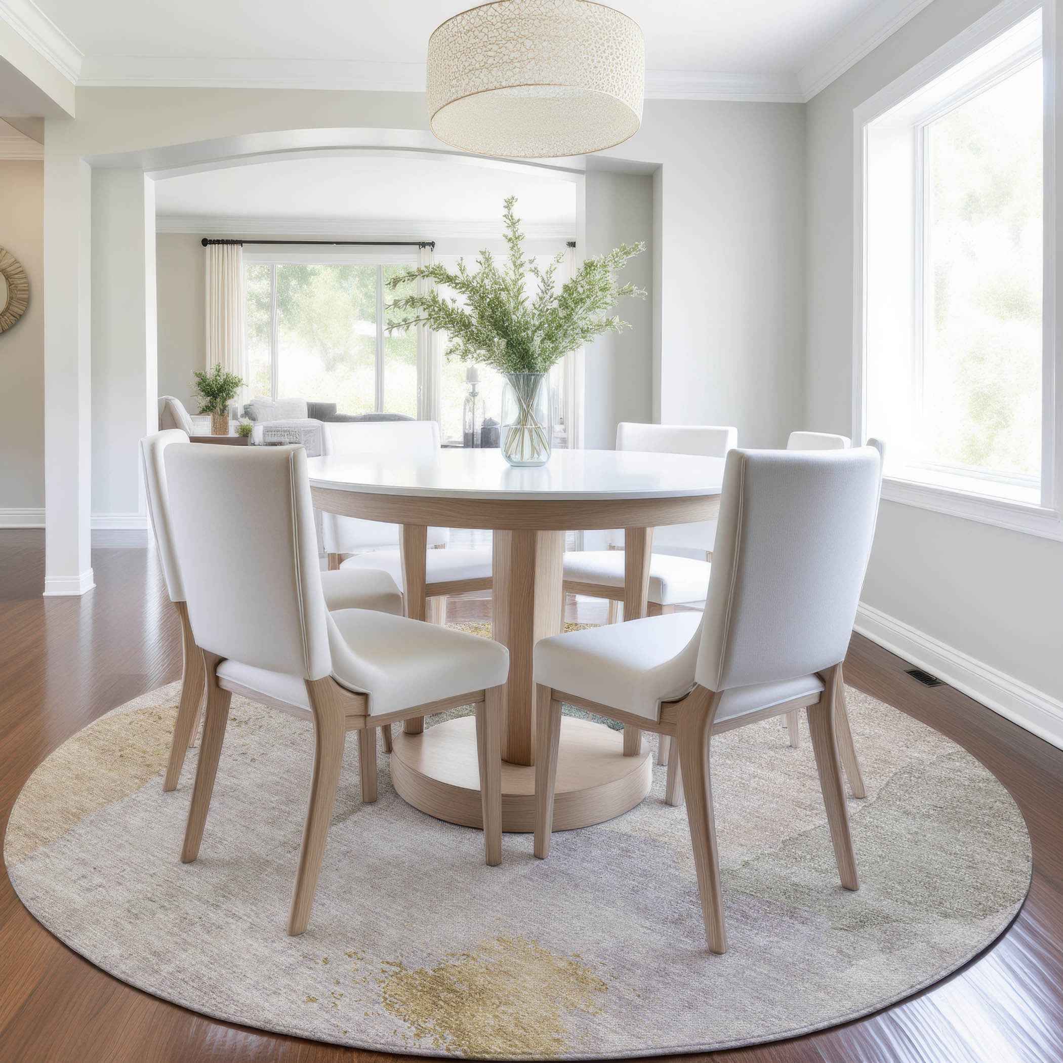 8' Beige And Taupe Round Abstract Washable Indoor Outdoor Area Rug