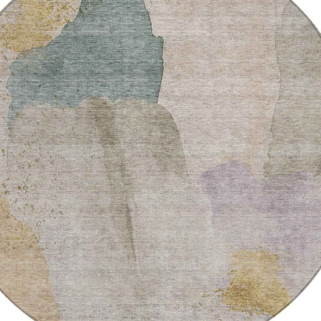 8' Beige And Taupe Round Abstract Washable Indoor Outdoor Area Rug