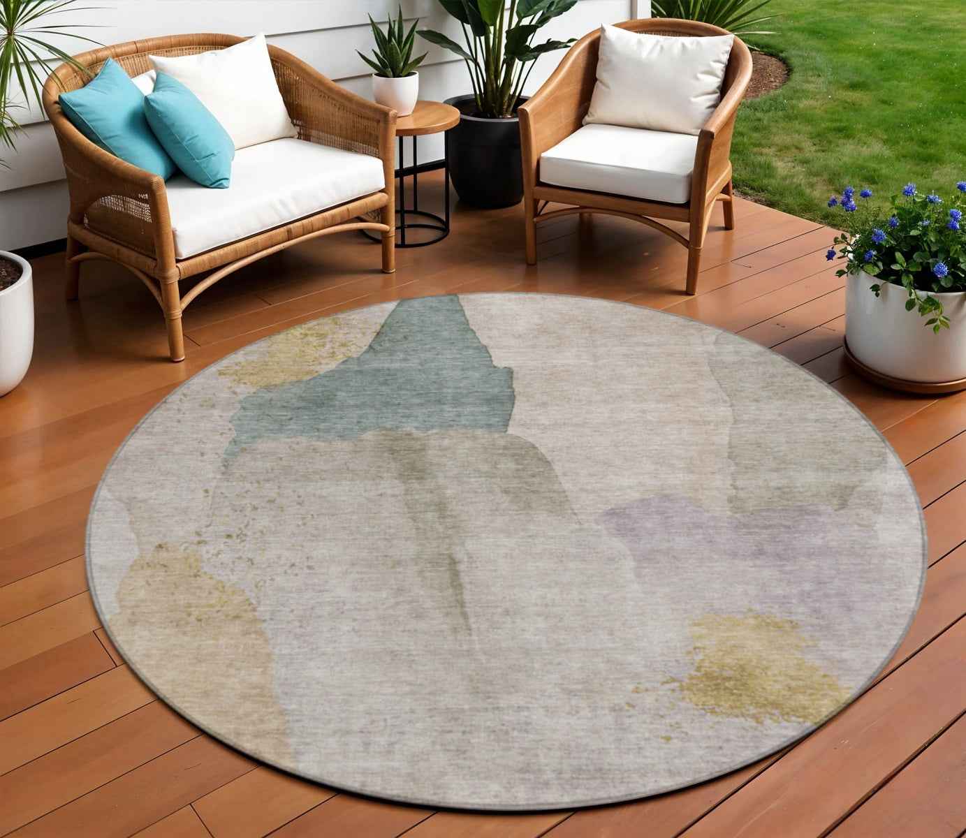 8' Beige And Taupe Round Abstract Washable Indoor Outdoor Area Rug