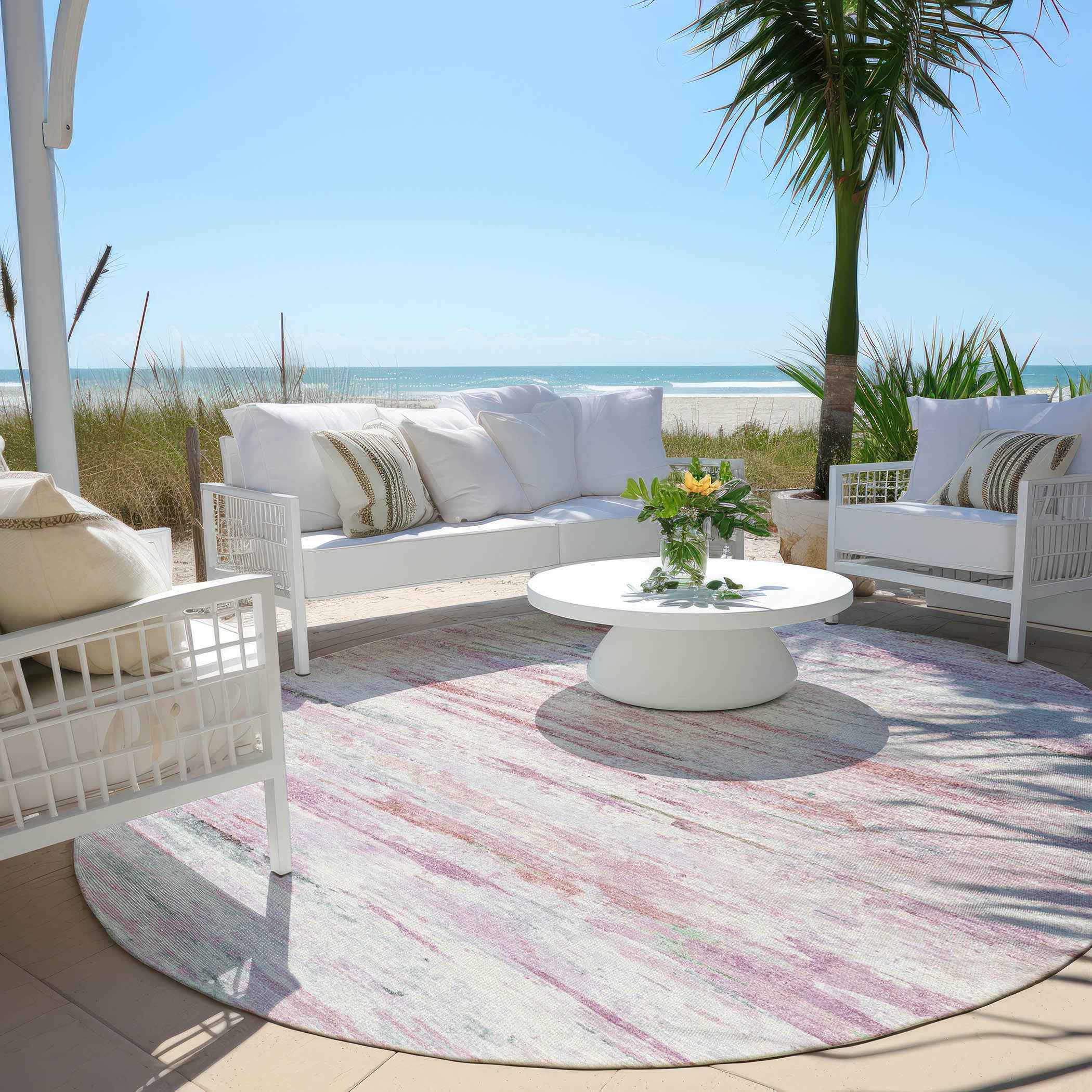 8' Blush And Ivory Round Abstract Washable Indoor Outdoor Area Rug