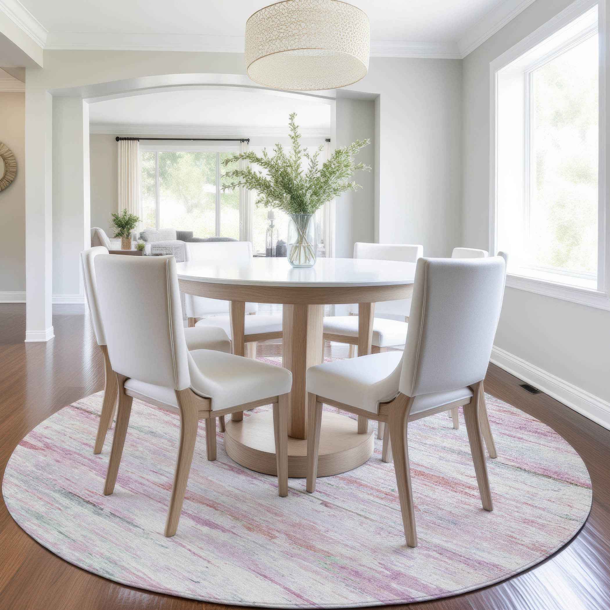 8' Blush And Ivory Round Abstract Washable Indoor Outdoor Area Rug