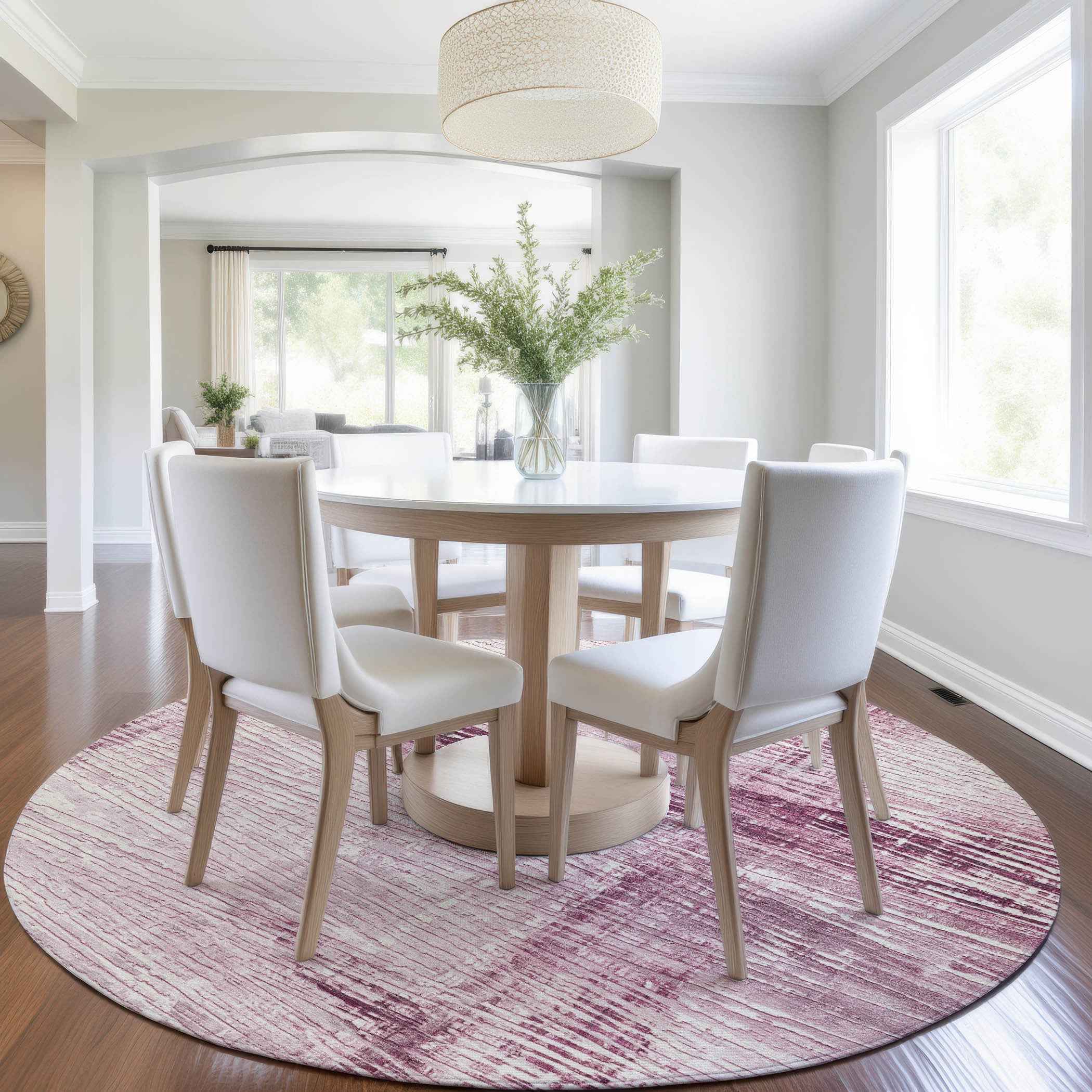 8' Blush And Ivory Round Striped Washable Indoor Outdoor Area Rug