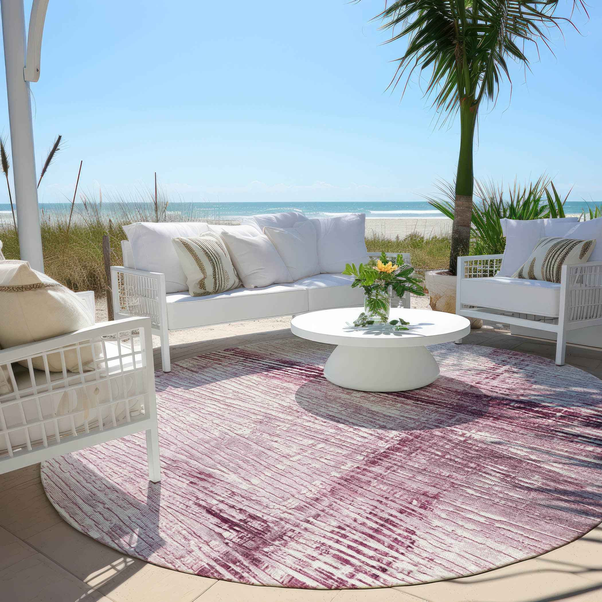 8' Blush And Ivory Round Striped Washable Indoor Outdoor Area Rug