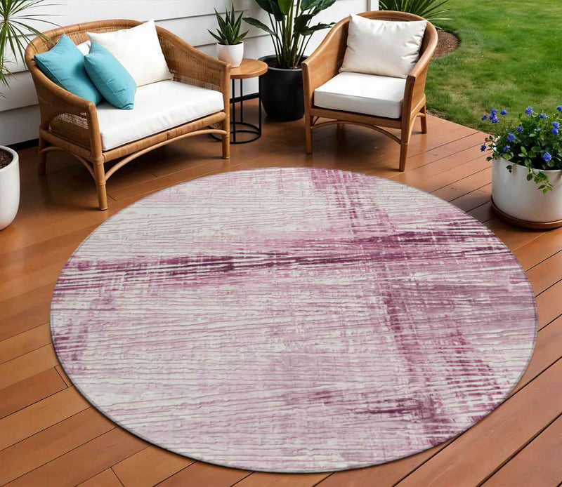 8' Blush And Ivory Round Striped Washable Indoor Outdoor Area Rug