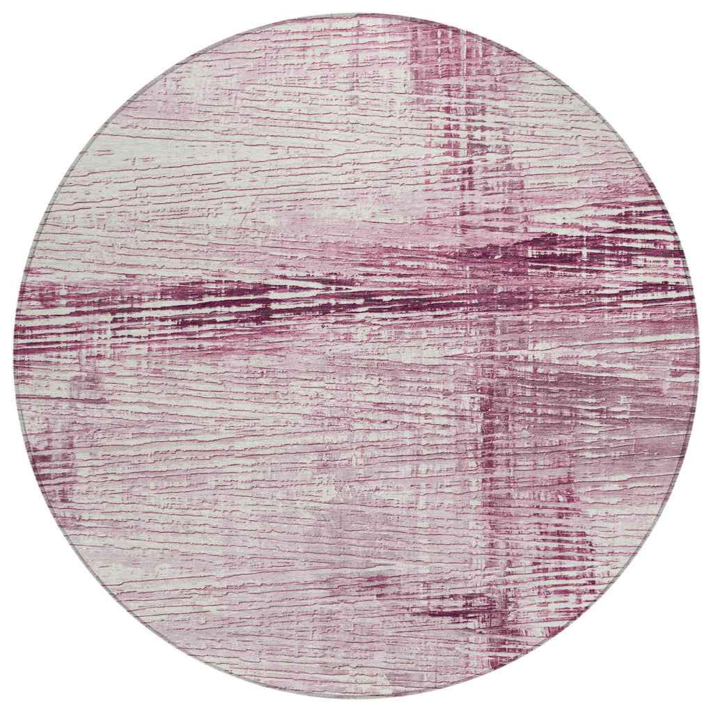 8' Blush And Ivory Round Striped Washable Indoor Outdoor Area Rug