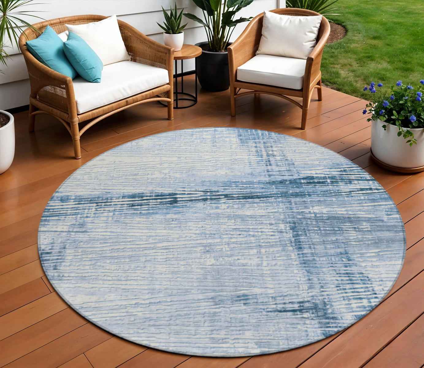 8' Sky Blue And Ivory Round Striped Washable Indoor Outdoor Area Rug