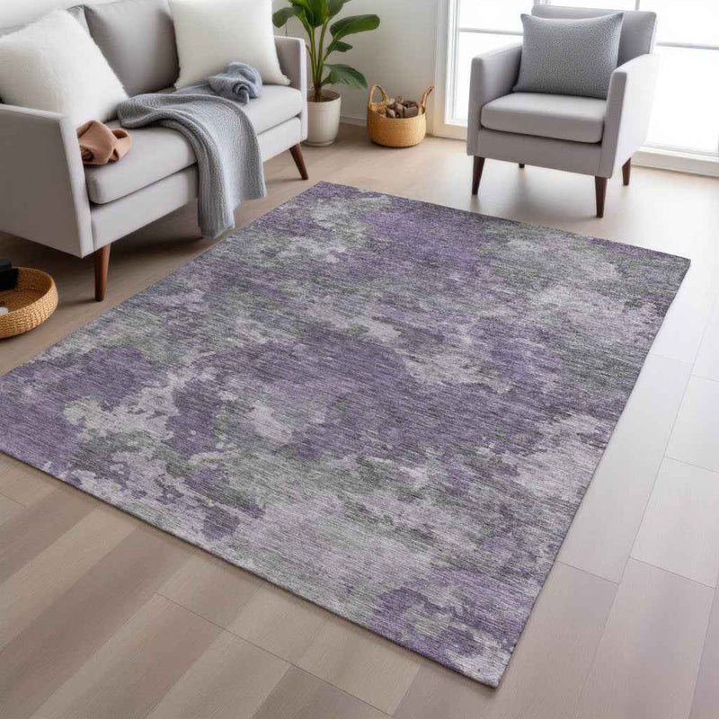 5' X 8' Purple And Gray Abstract Washable Indoor Outdoor Area Rug