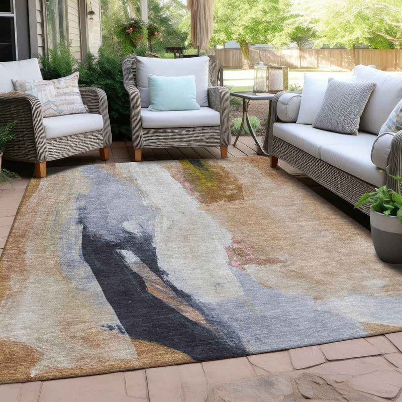 3' X 5' Beige And Navy Blue Abstract Washable Indoor Outdoor Area Rug