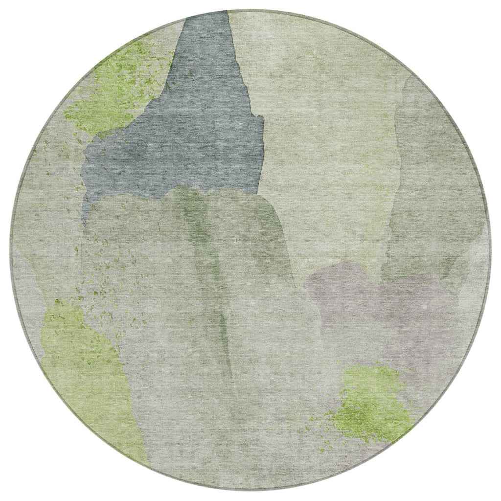 8' Artichoke Green And Taupe Round Abstract Washable Indoor Outdoor Area Rug