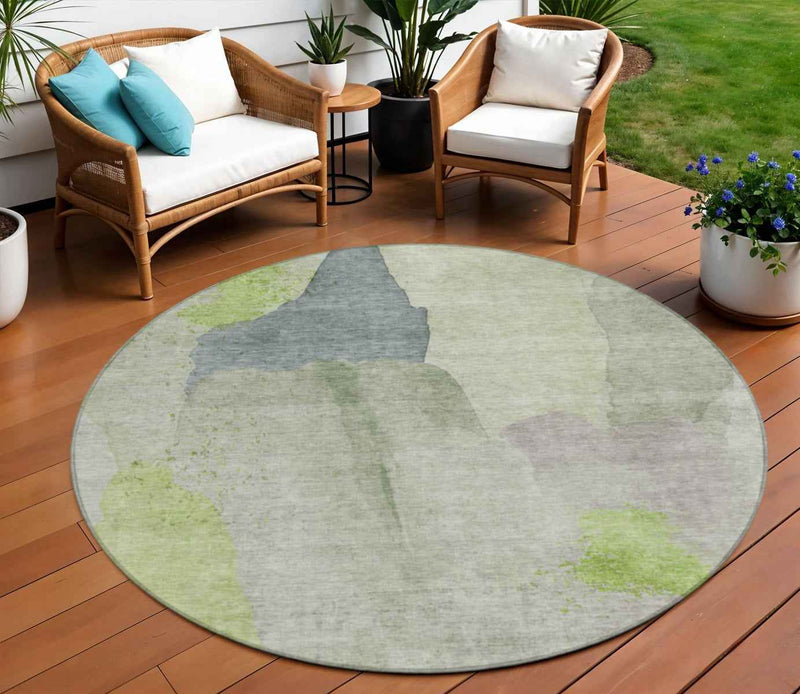 8' Artichoke Green And Taupe Round Abstract Washable Indoor Outdoor Area Rug