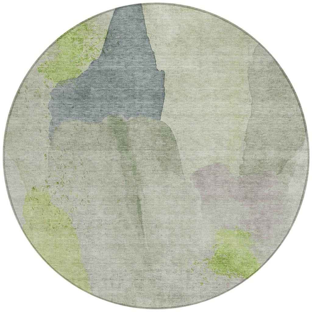 8' Artichoke Green And Taupe Round Abstract Washable Indoor Outdoor Area Rug