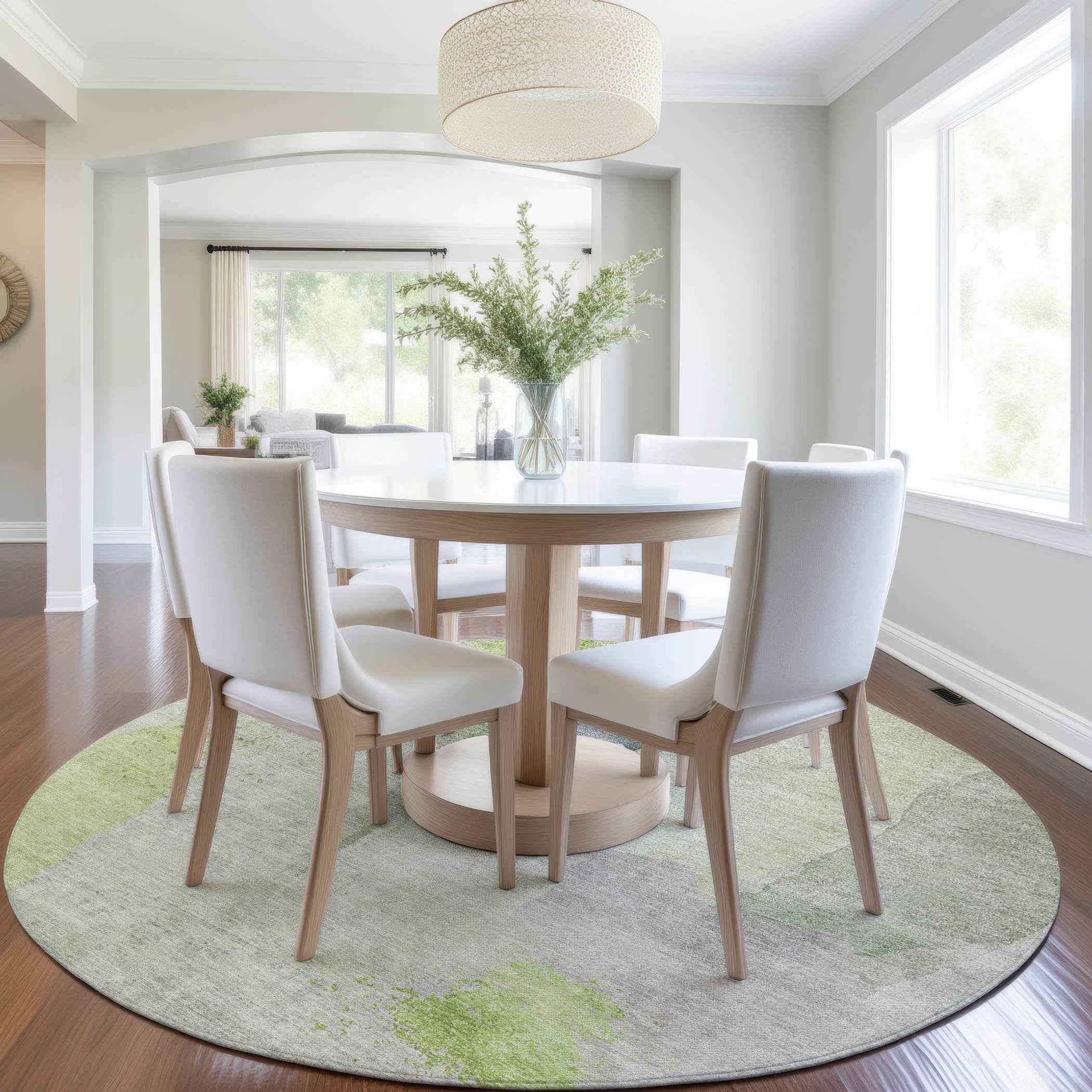 8' Artichoke Green And Taupe Round Abstract Washable Indoor Outdoor Area Rug