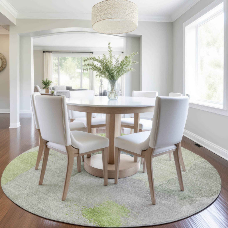 8' Artichoke Green And Taupe Round Abstract Washable Indoor Outdoor Area Rug