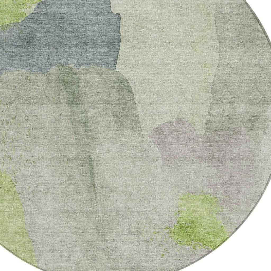 8' Artichoke Green And Taupe Round Abstract Washable Indoor Outdoor Area Rug