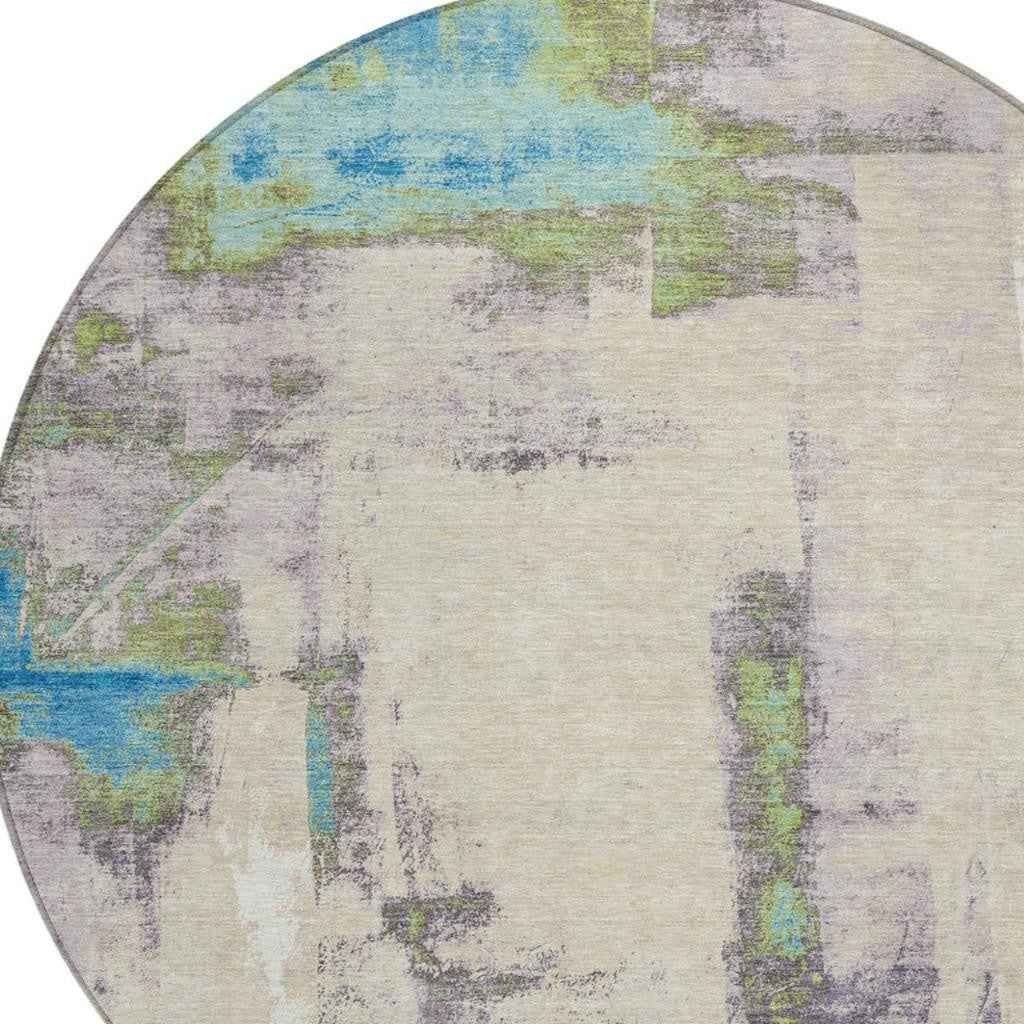 8' Linen And Fern Green Round Abstract Washable Indoor Outdoor Area Rug