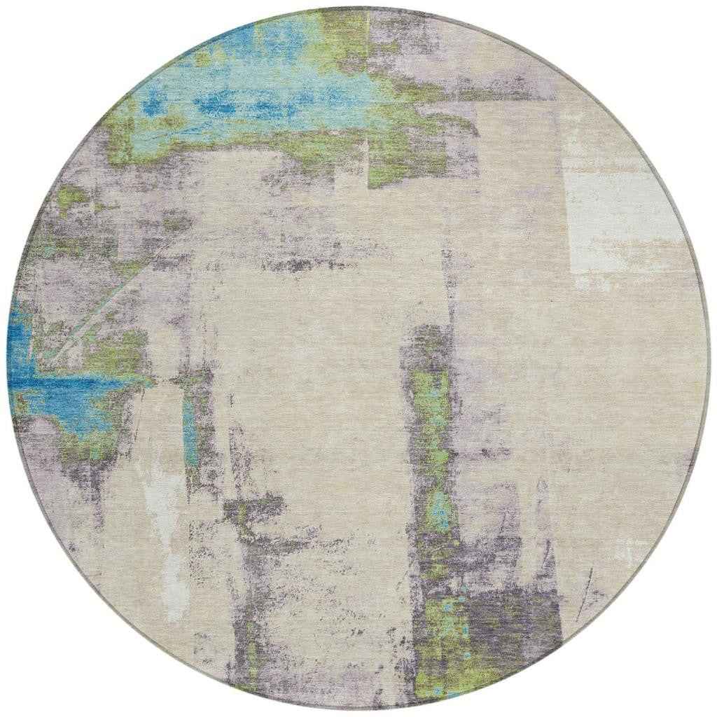 8' Linen And Fern Green Round Abstract Washable Indoor Outdoor Area Rug