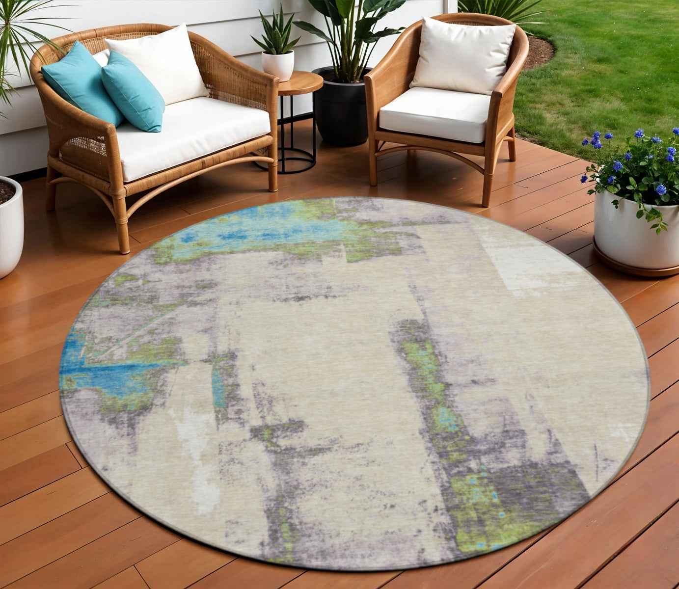 8' Linen And Fern Green Round Abstract Washable Indoor Outdoor Area Rug
