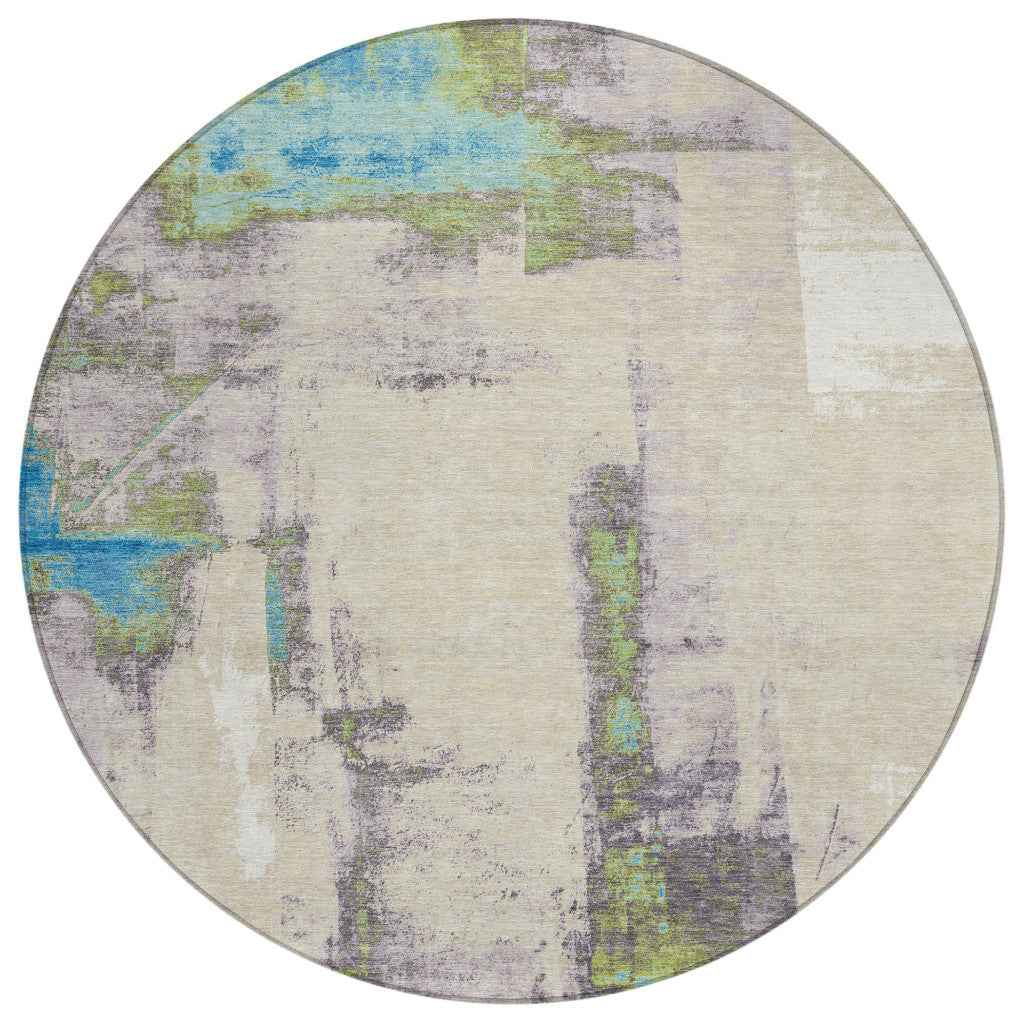 8' Linen And Fern Green Round Abstract Washable Indoor Outdoor Area Rug