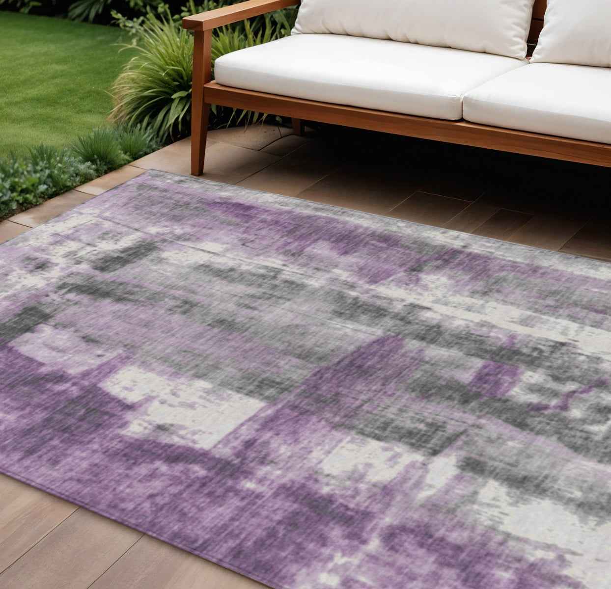 8' X 10' Purple And Ivory Abstract Washable Indoor Outdoor Area Rug