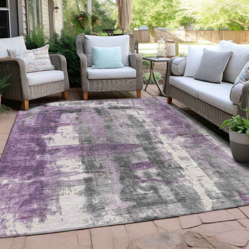 8' X 10' Purple And Ivory Abstract Washable Indoor Outdoor Area Rug