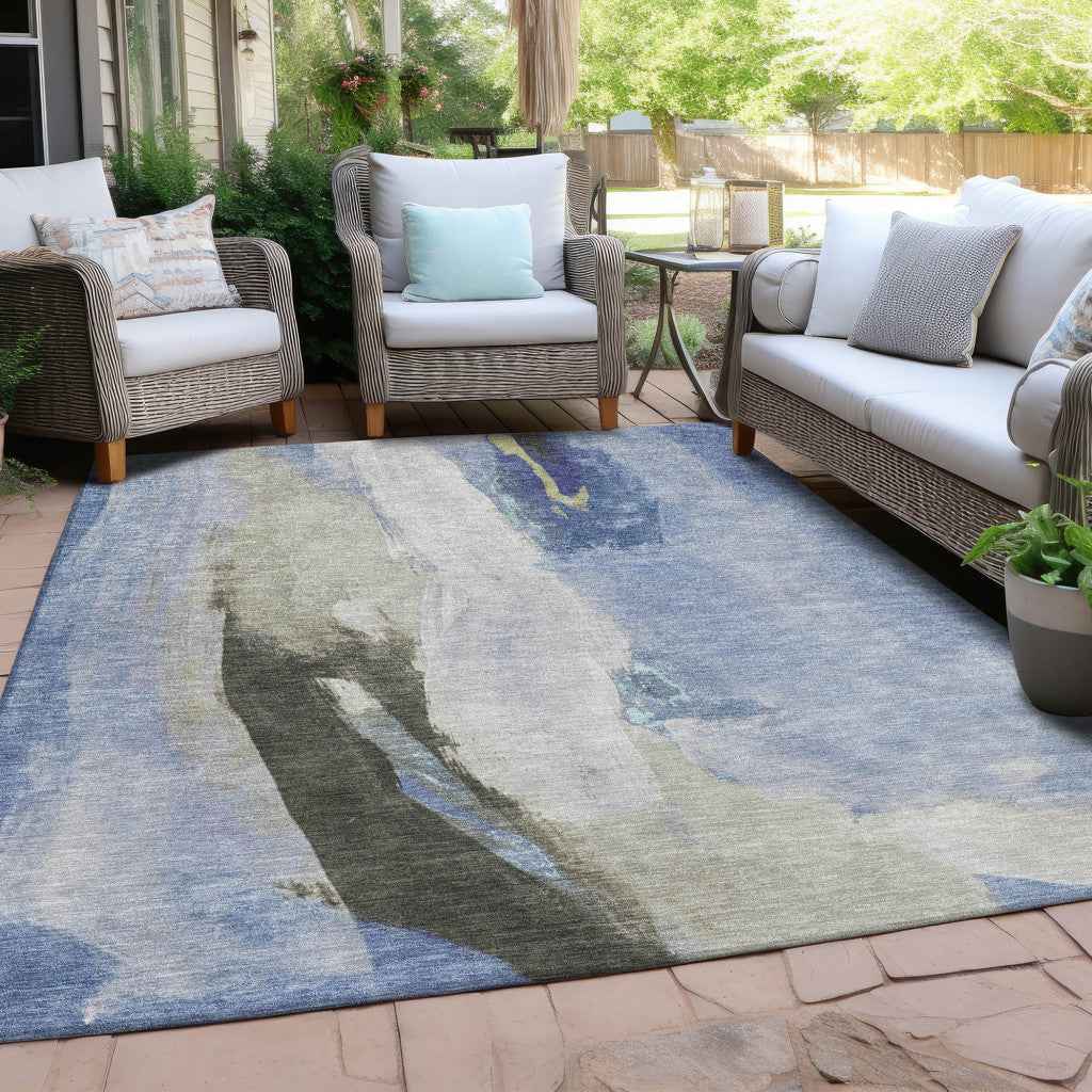3' X 5' Denim Blue And Gray Abstract Washable Indoor Outdoor Area Rug