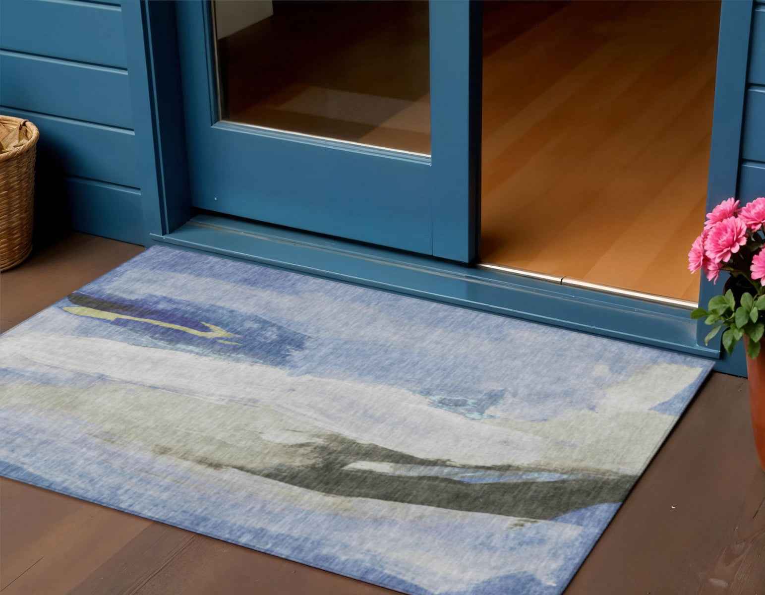 3' X 5' Denim Blue And Gray Abstract Washable Indoor Outdoor Area Rug