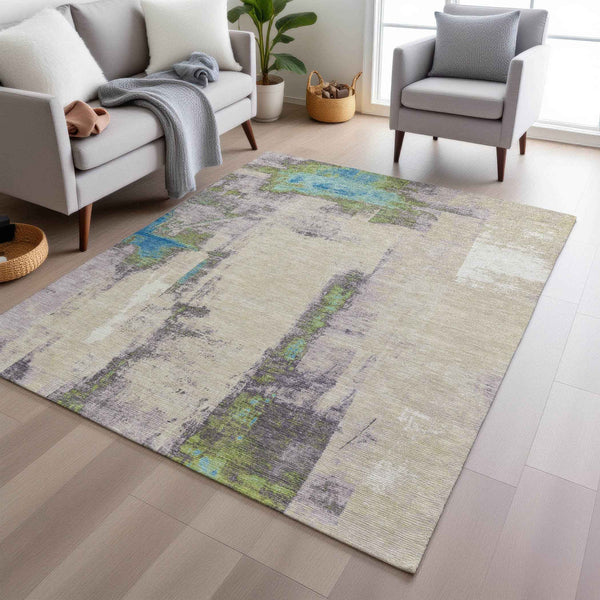 8' X 10' Linen And Fern Green Abstract Washable Indoor Outdoor Area Rug