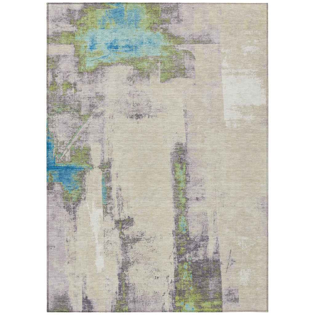 8' X 10' Linen And Fern Green Abstract Washable Indoor Outdoor Area Rug