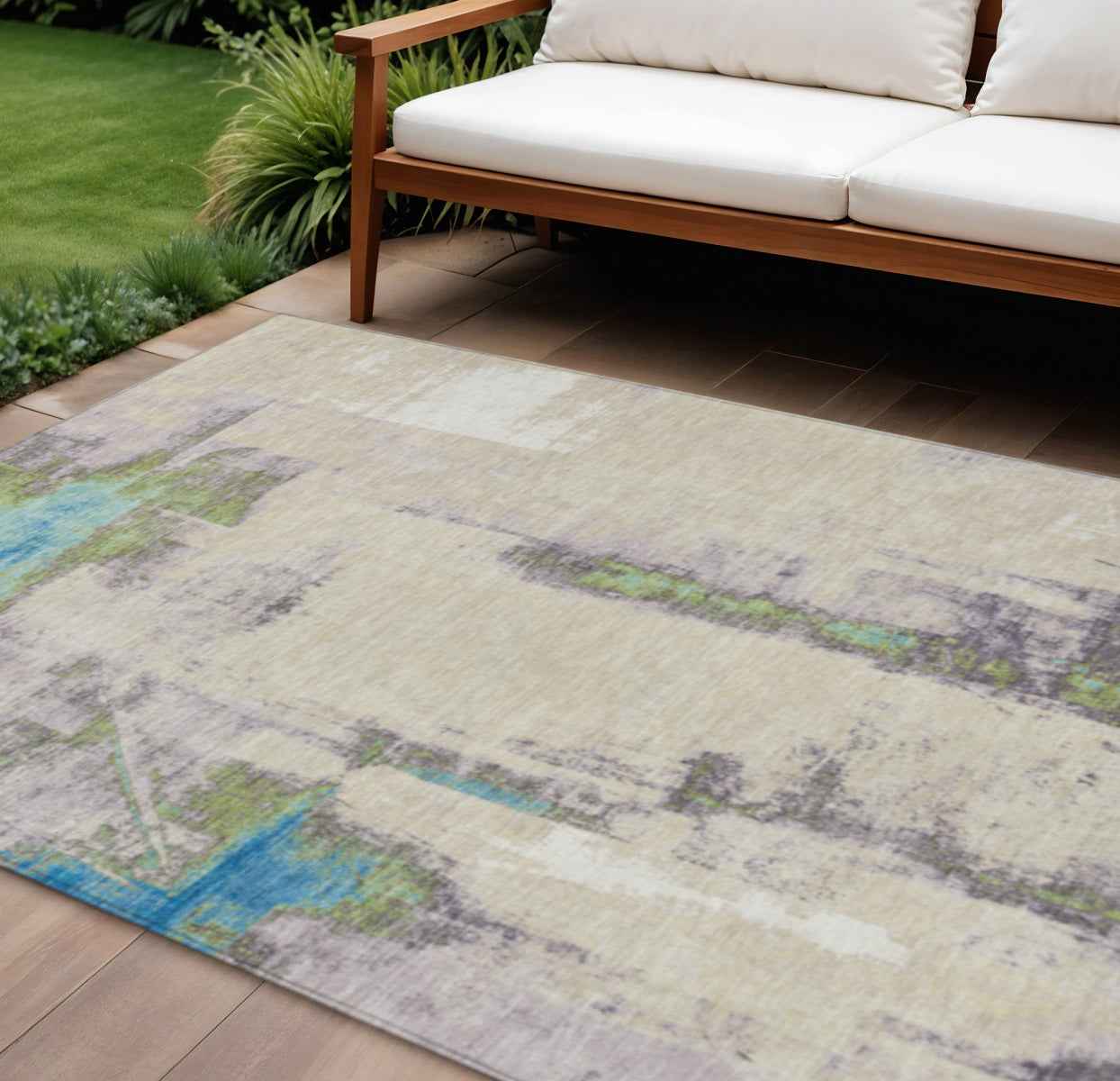8' X 10' Linen And Fern Green Abstract Washable Indoor Outdoor Area Rug