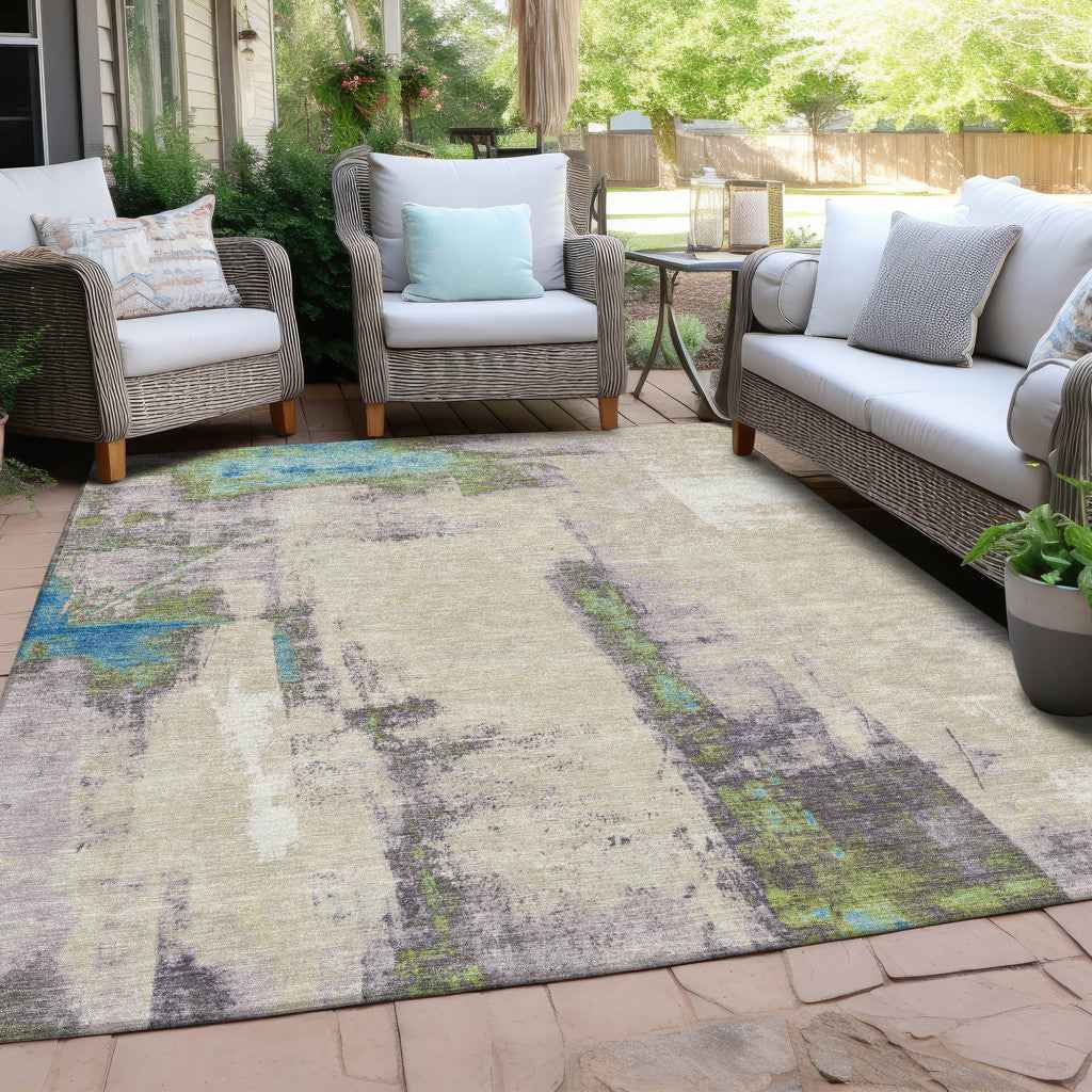8' X 10' Linen And Fern Green Abstract Washable Indoor Outdoor Area Rug