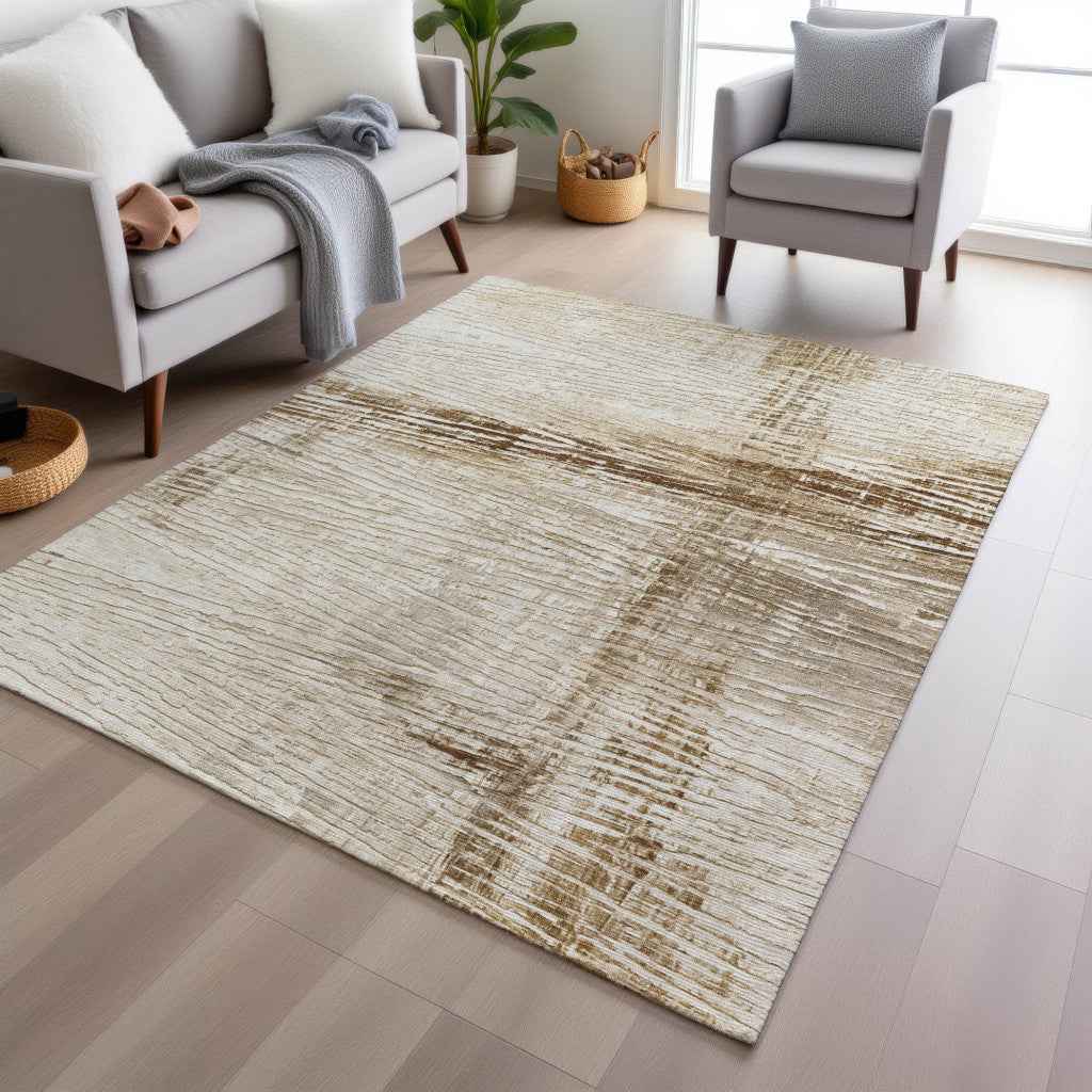 3' X 5' Ivory And Beige Striped Washable Indoor Outdoor Area Rug