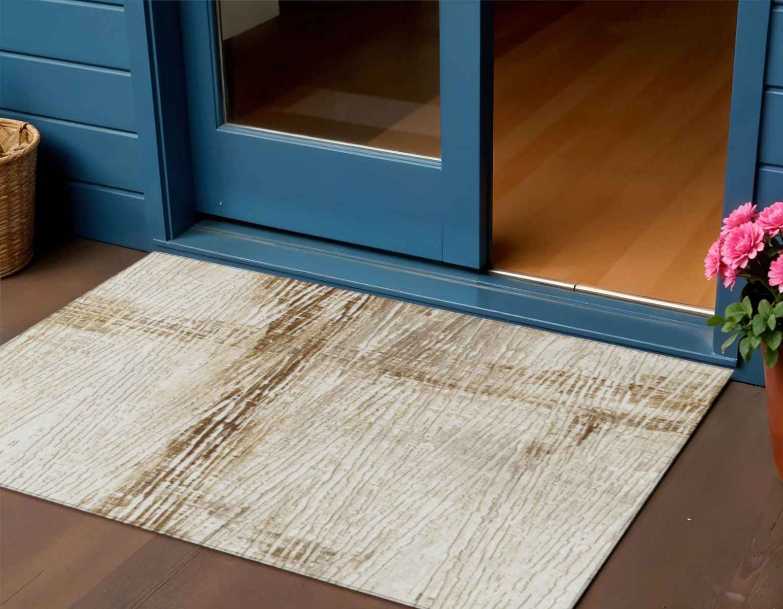 3' X 5' Ivory And Beige Striped Washable Indoor Outdoor Area Rug