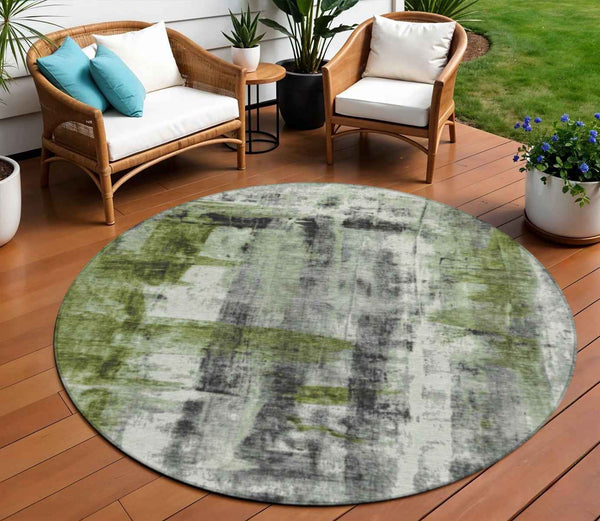 8' Olive Green And Ivory Round Abstract Washable Indoor Outdoor Area Rug